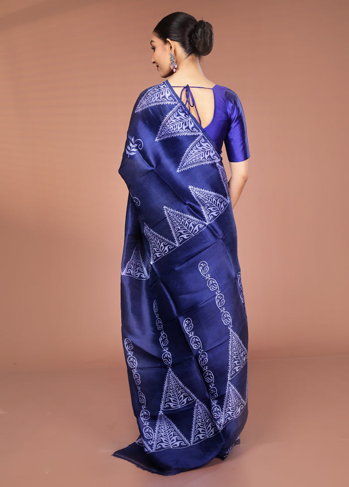 Blue Printed Pure Silk Saree Without Blouse Piece