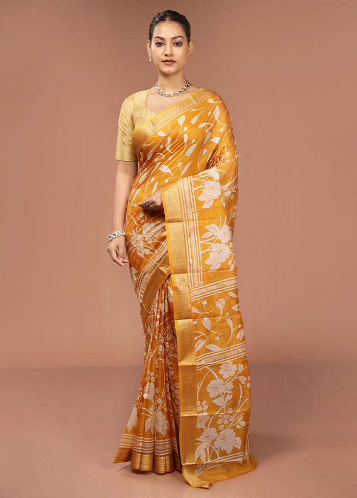Yellow Printed Pure Silk Saree Without Blouse Piece