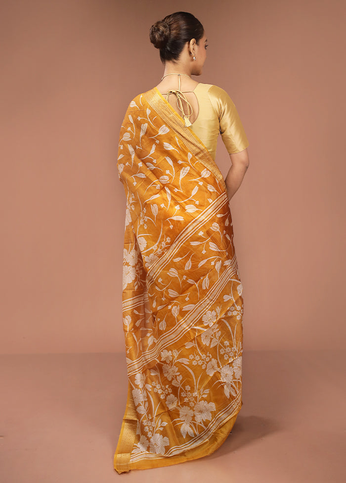 Yellow Printed Pure Silk Saree Without Blouse Piece