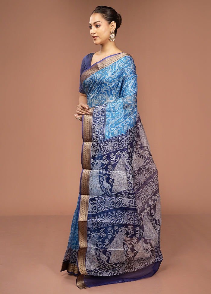 Blue Printed Pure Silk Saree Without Blouse Piece