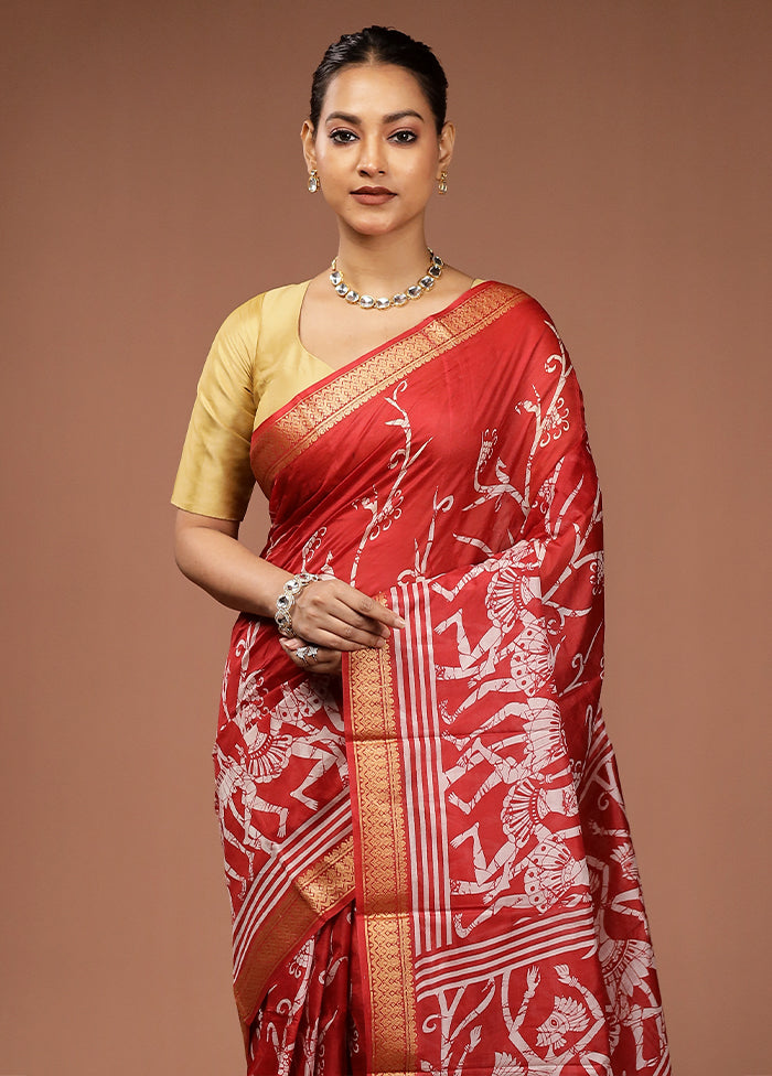 Red Printed Silk Saree With Blouse Piece