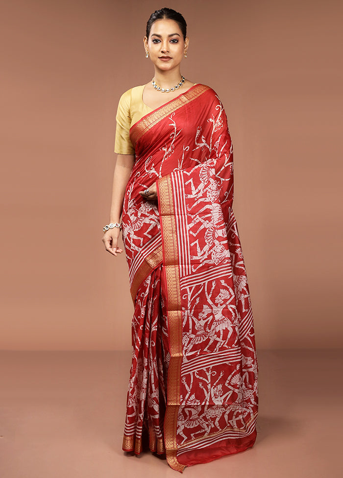 Red Printed Silk Saree With Blouse Piece
