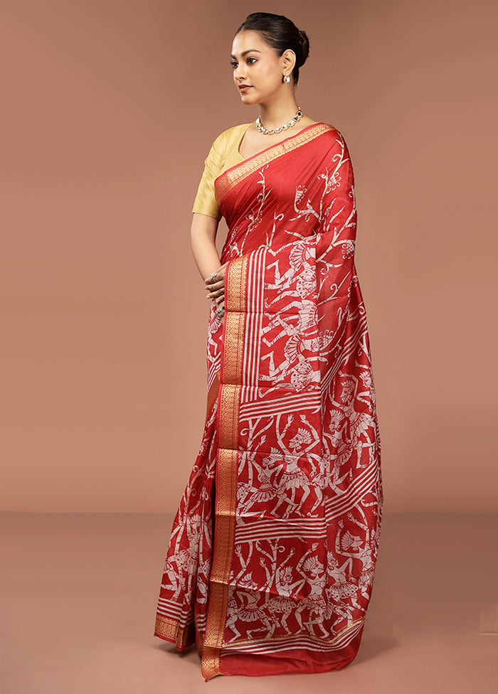 Red Printed Silk Saree With Blouse Piece