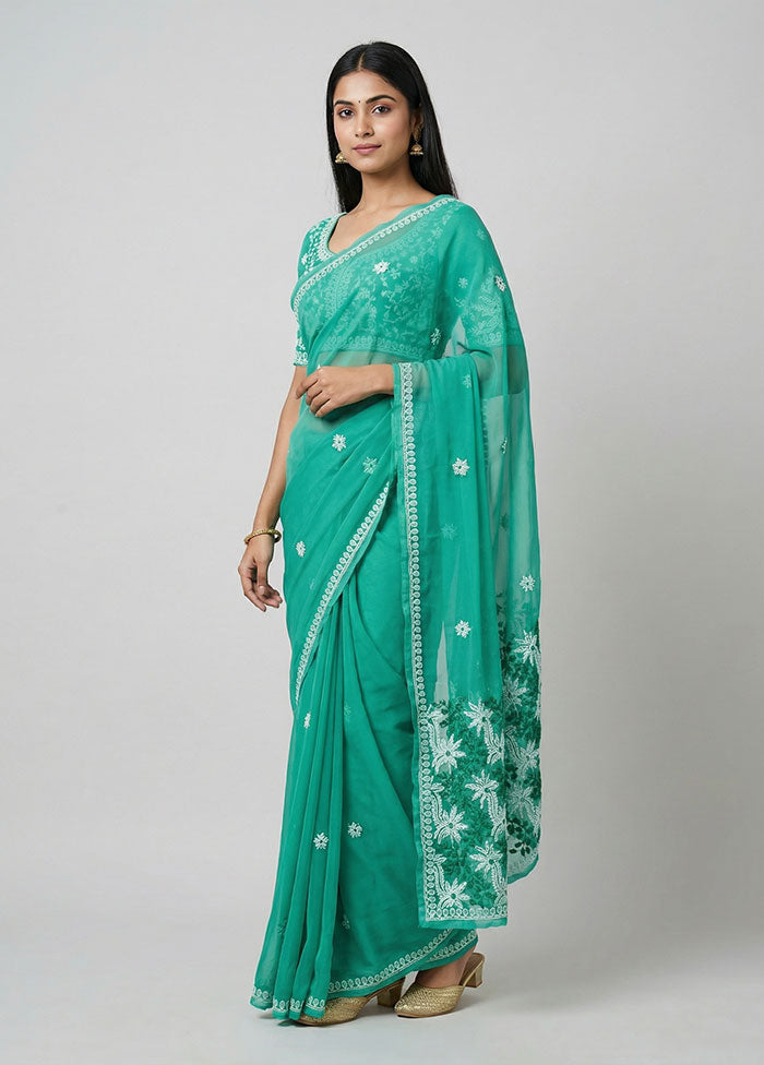 Green Chiffon Silk Saree With Blouse Piece