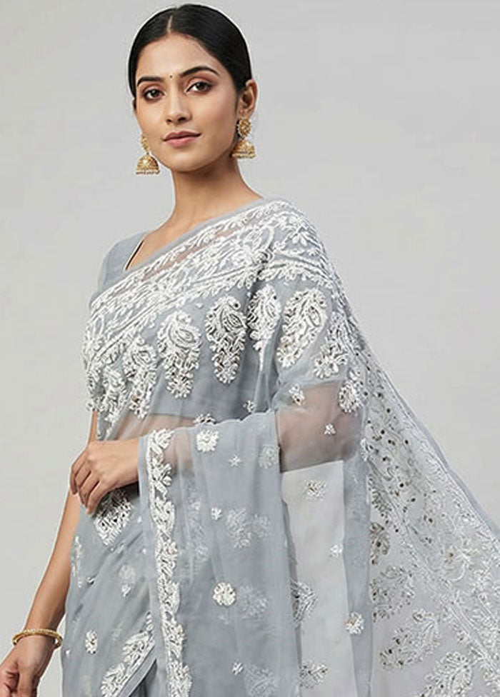 Grey Chiffon Silk Saree With Blouse Piece