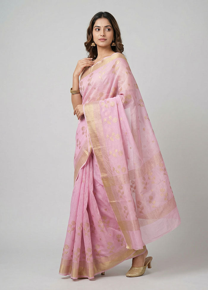Pink Chanderi Silk Saree With Blouse Piece