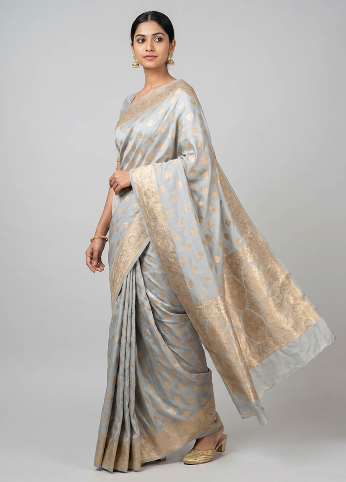 Grey Banarasi Silk Saree With Blouse Piece