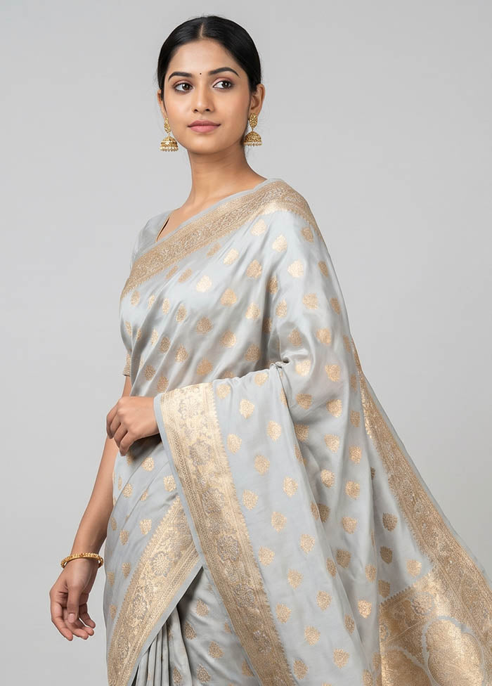 Grey Banarasi Silk Saree With Blouse Piece