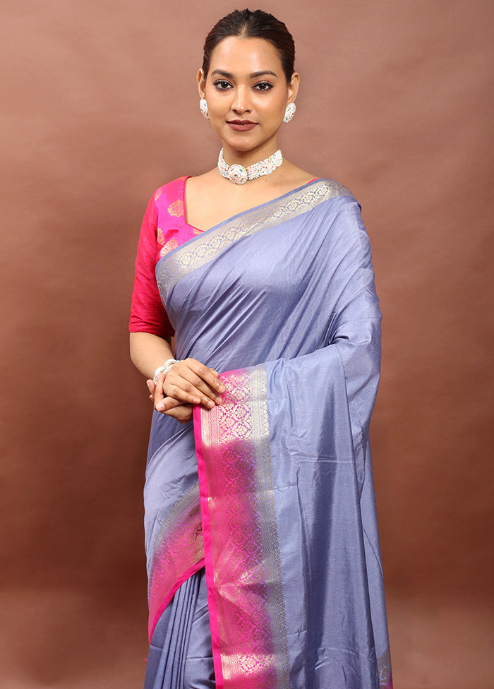 Blue Dupion Silk Saree With Blouse Piece