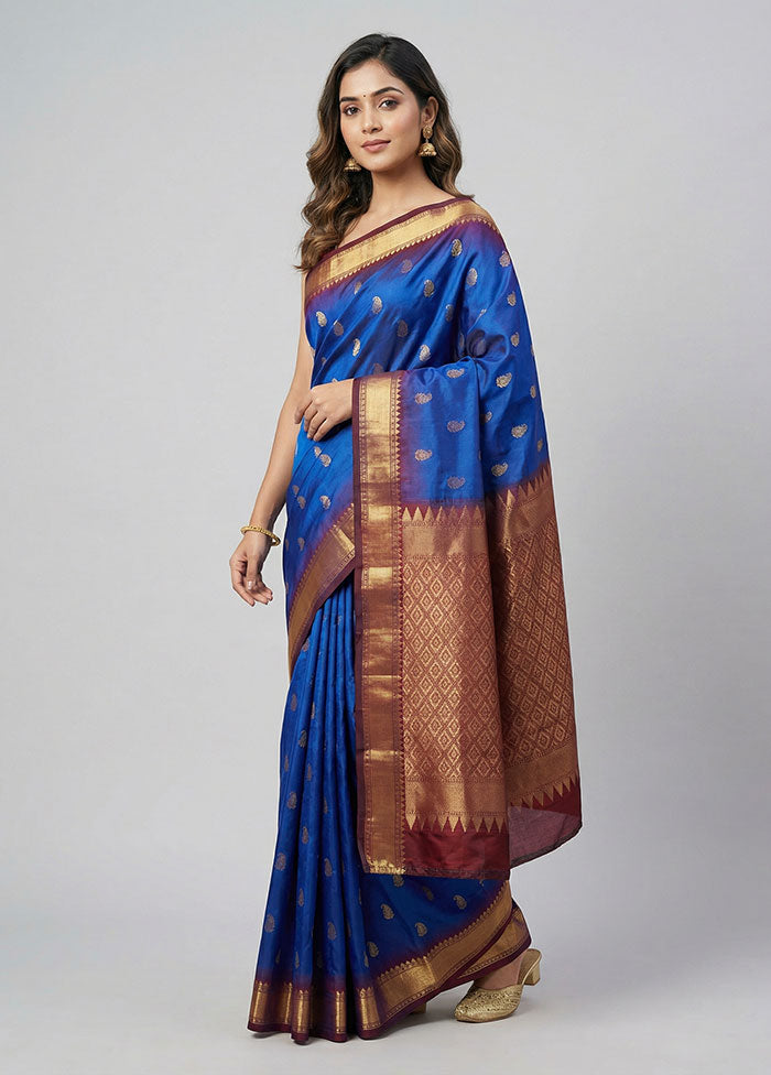 Blue Handloom Kanjivaram Pure Silk Saree With Blouse Piece