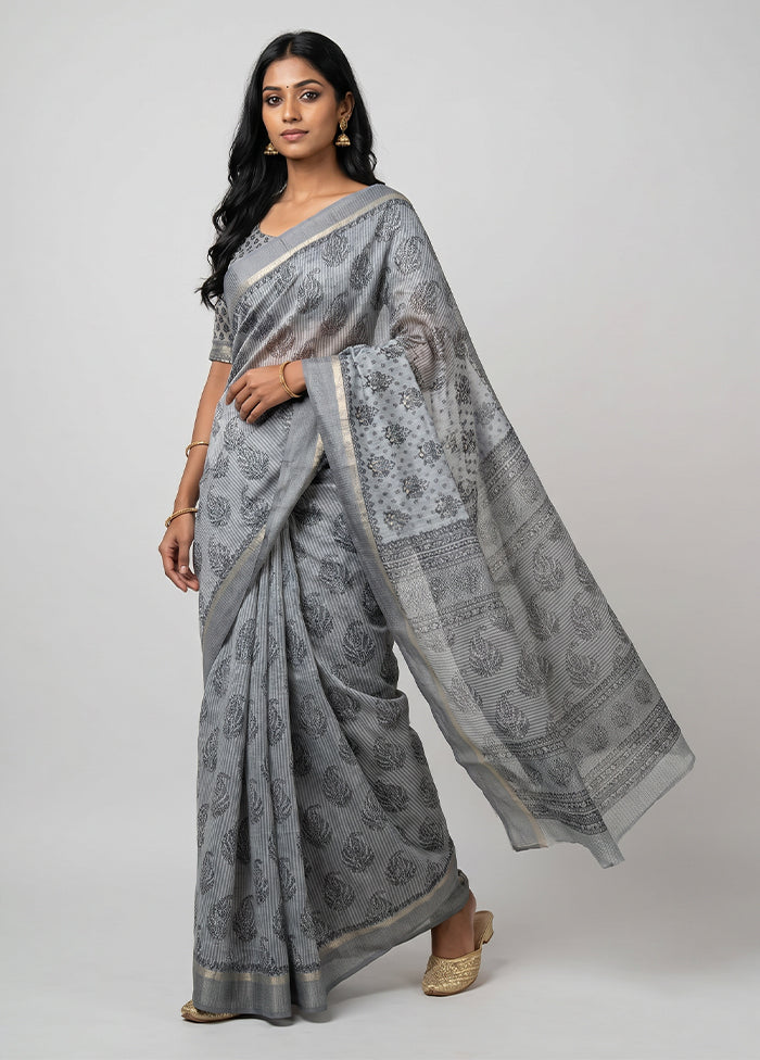 Grey Cotton Saree With Blouse Piece