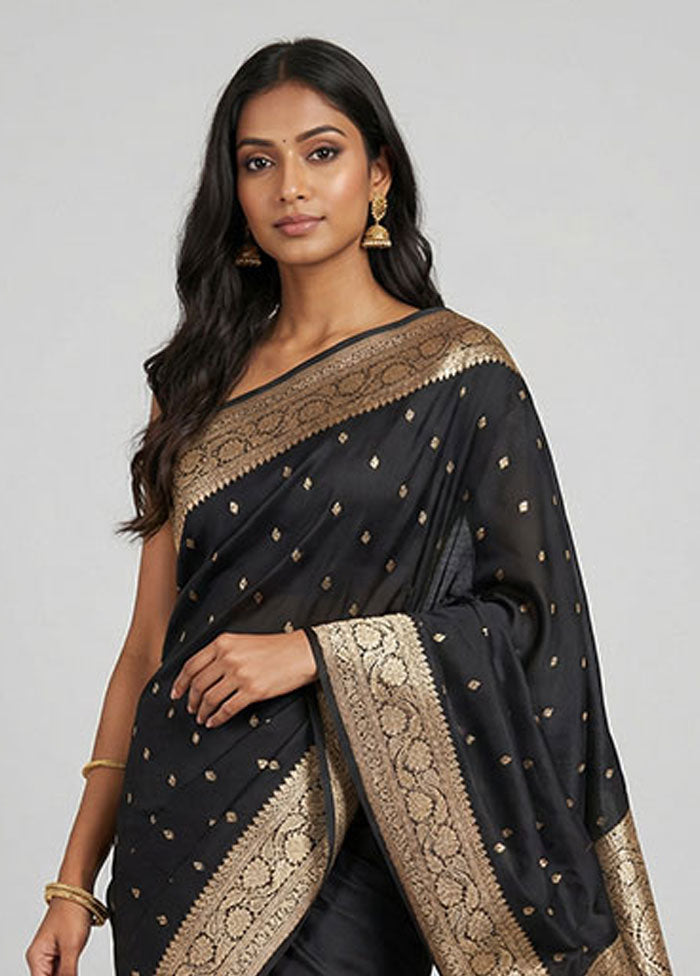 Black Banarasi Silk Saree With Blouse Piece