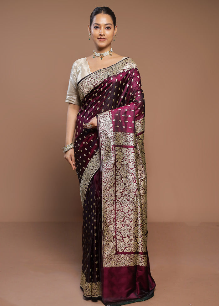 Wine Handloom Banarasi Pure Silk Saree With Blouse Piece