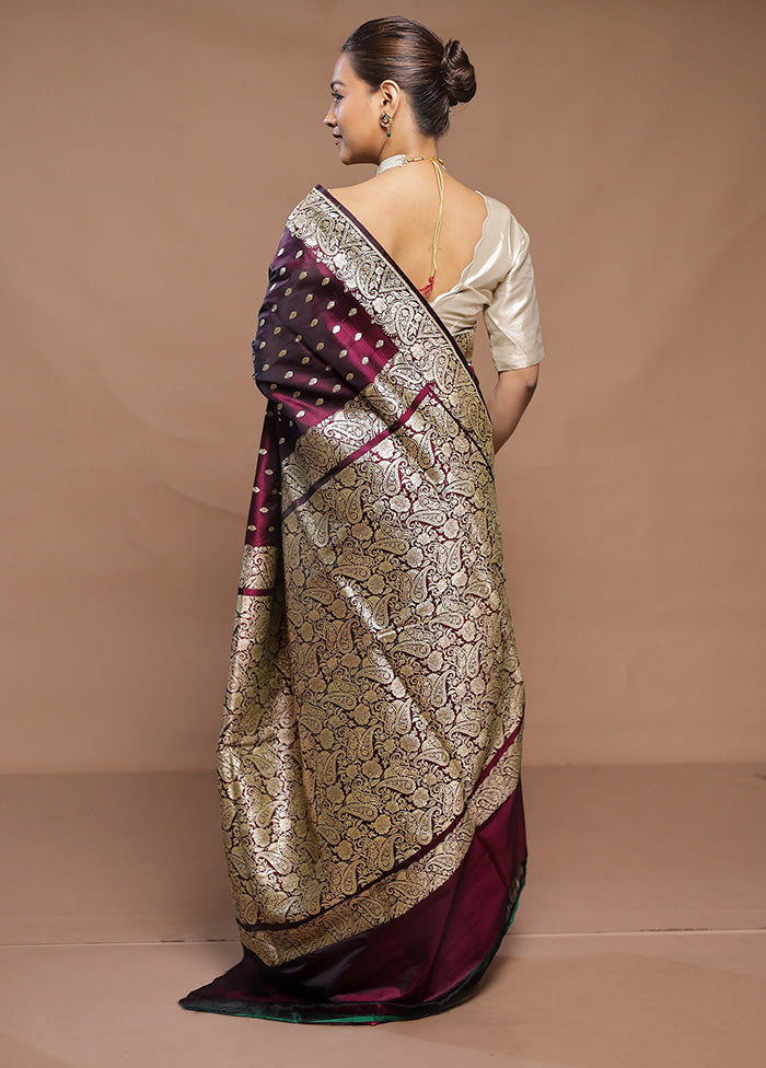 Wine Handloom Banarasi Pure Silk Saree With Blouse Piece