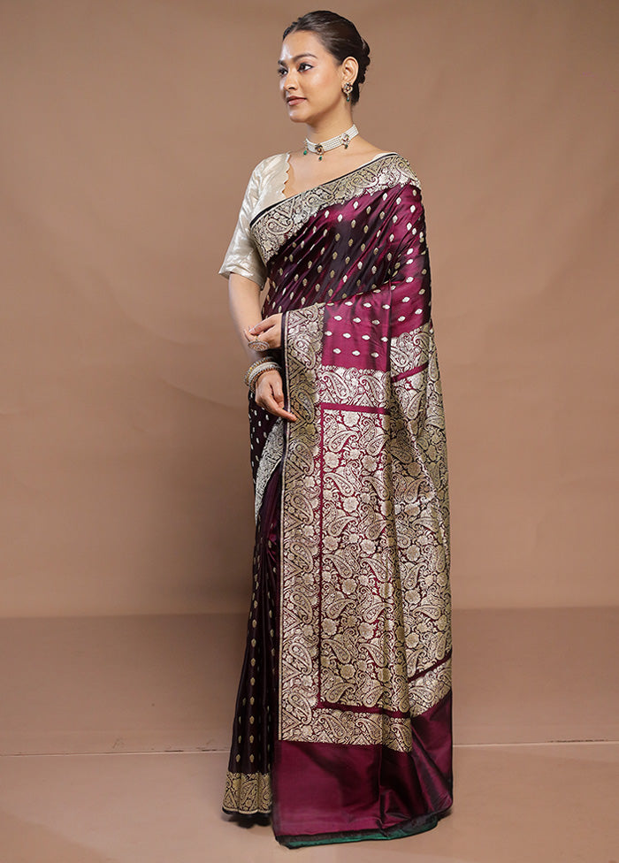 Wine Handloom Banarasi Pure Silk Saree With Blouse Piece