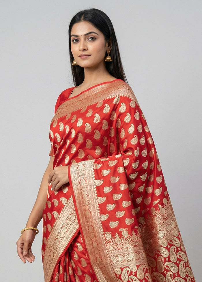 Red Handloom Banarasi Pure Silk Saree With Blouse Piece