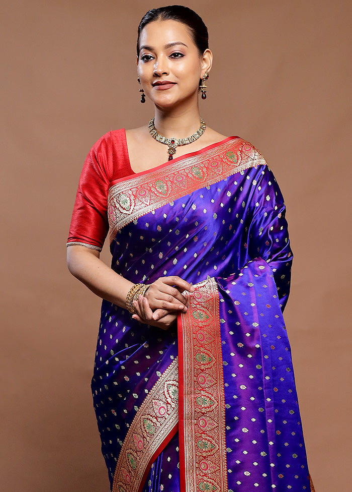Violet Handloom Banarasi Pure Silk Saree With Blouse Piece