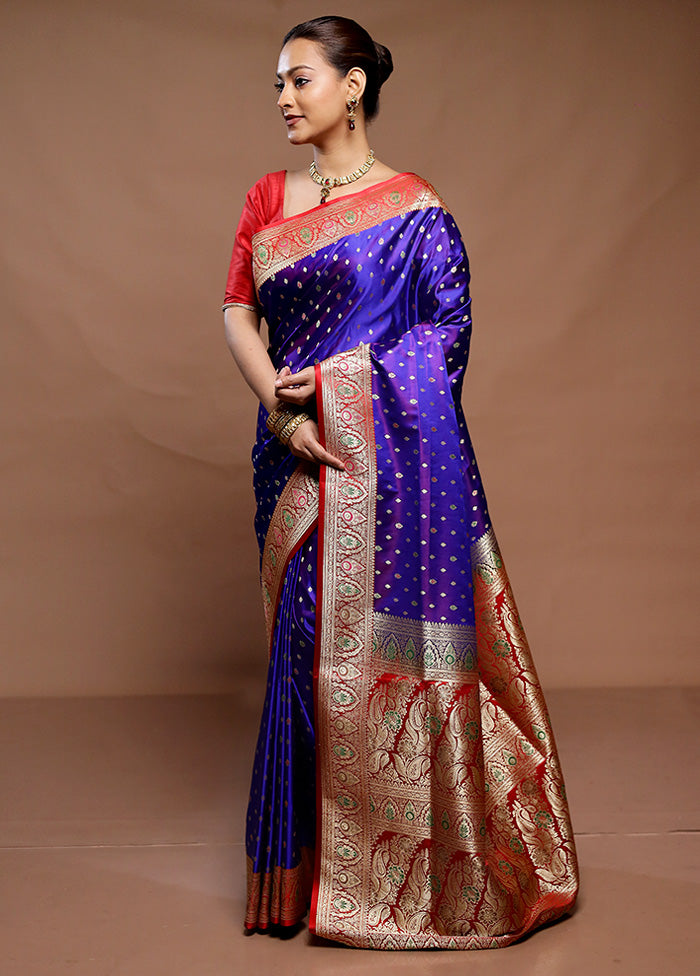Violet Handloom Banarasi Pure Silk Saree With Blouse Piece