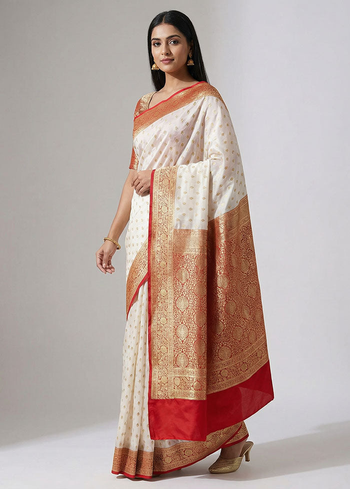 White Banarasi Silk Saree With Blouse Piece