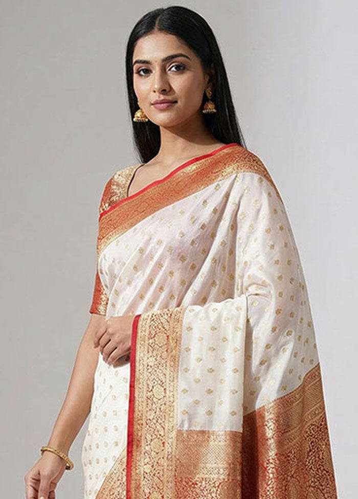 White Banarasi Silk Saree With Blouse Piece