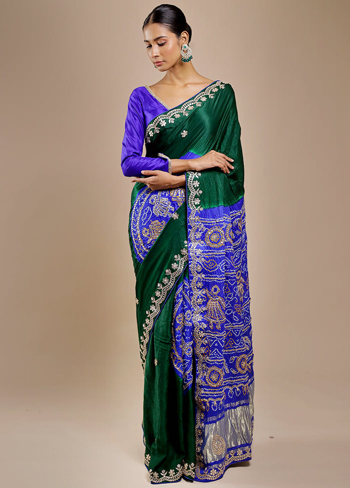 Green Bandhej Pure Silk Saree Without Blouse Piece