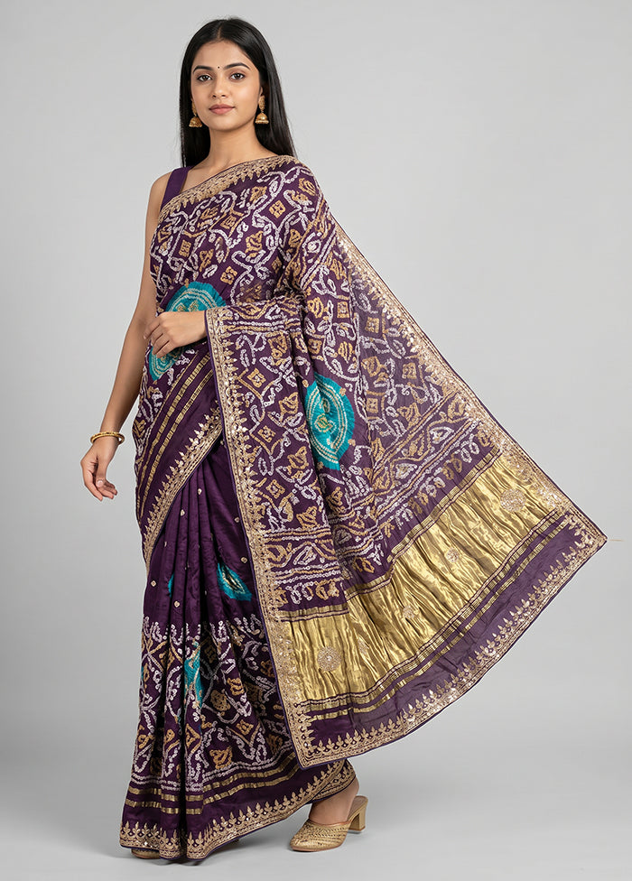 Purple Bandhej Silk Saree With Blouse Piece