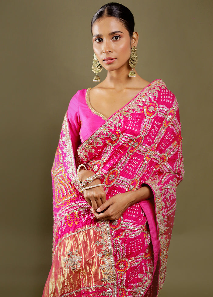 Pink Bandhej Pure Silk Saree Without Blouse Piece
