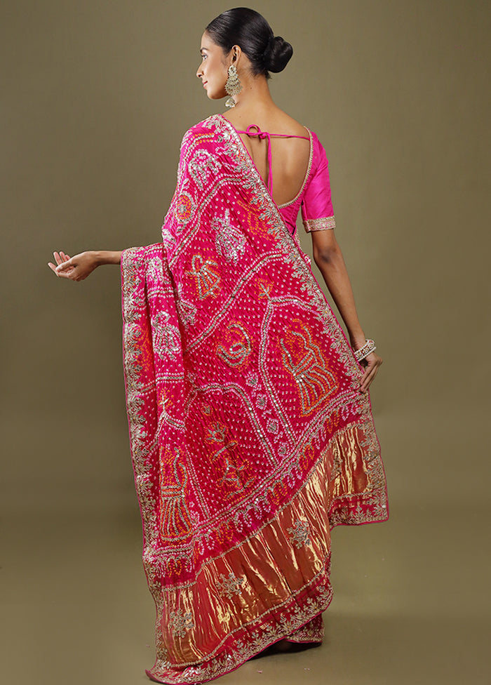 Pink Bandhej Pure Silk Saree Without Blouse Piece