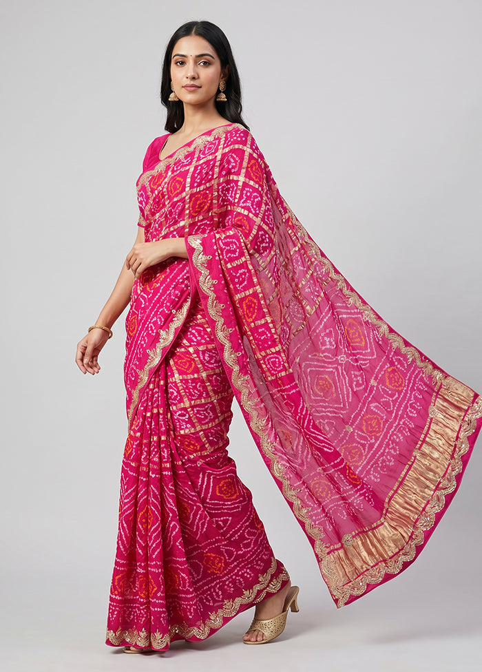 Pink Bandhej Silk Saree With Blouse Piece