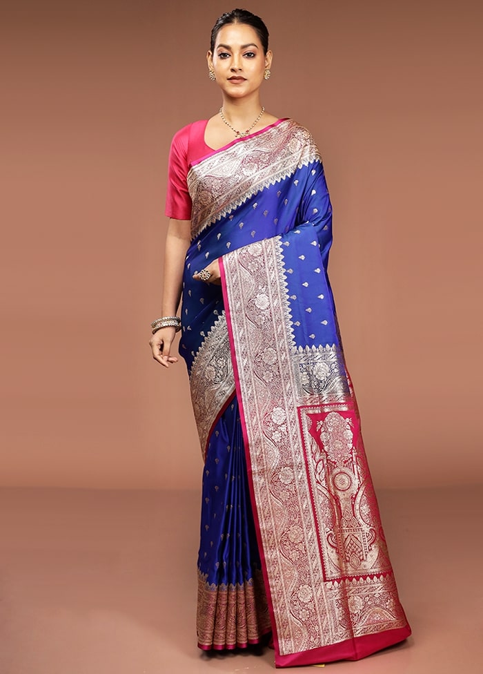 Blue Banarasi Silk Saree With Blouse Piece