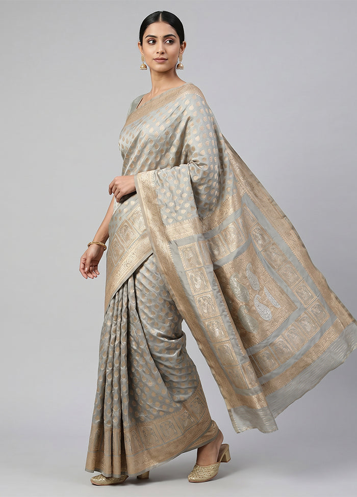 Grey Handloom Uppada Pure Silk Saree With Blouse Piece