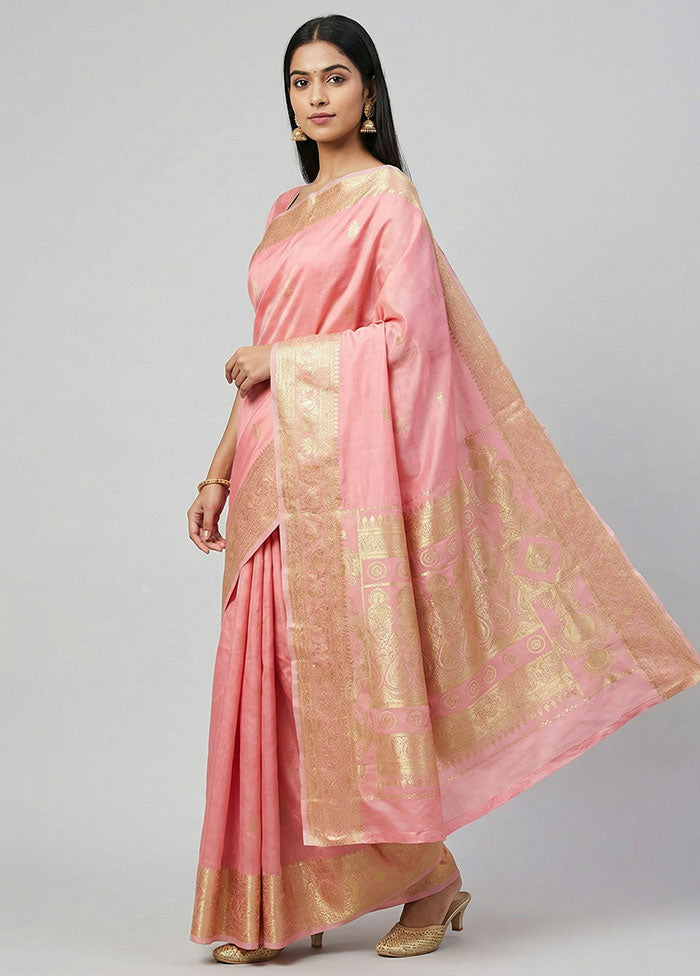 Pink Banarasi Silk Saree With Blouse Piece