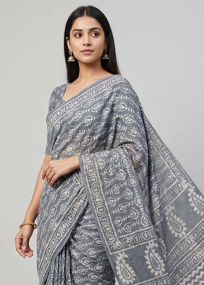 Grey Chanderi Cotton Saree With Blouse Piece