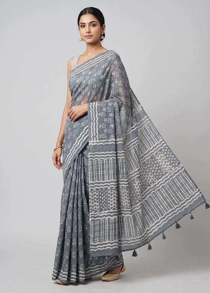 Grey Chanderi Cotton Saree With Blouse Piece