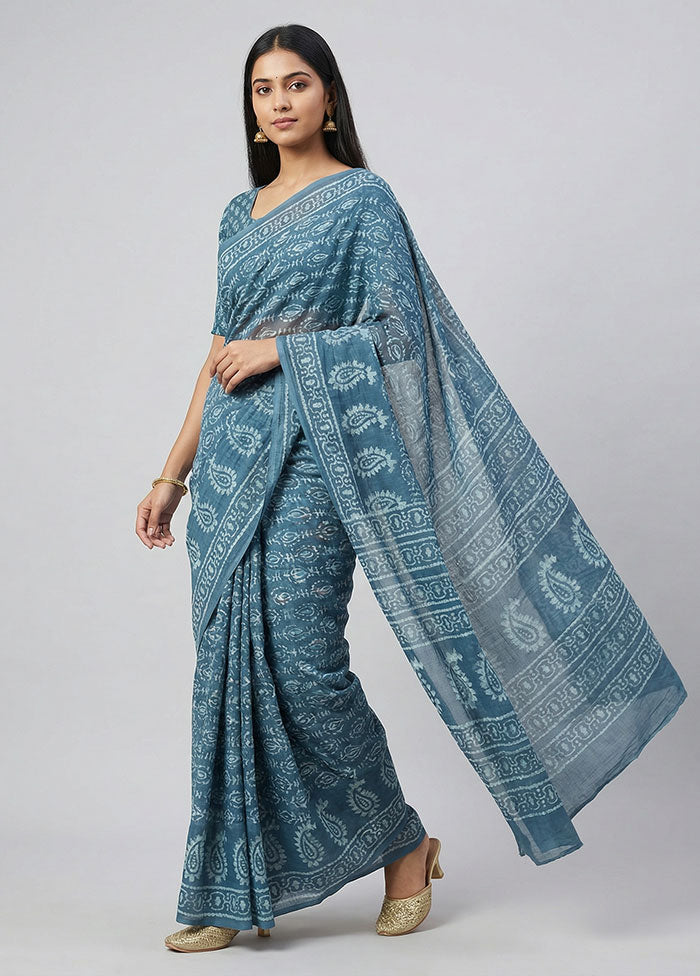 Blue Chanderi Cotton Saree With Blouse Piece