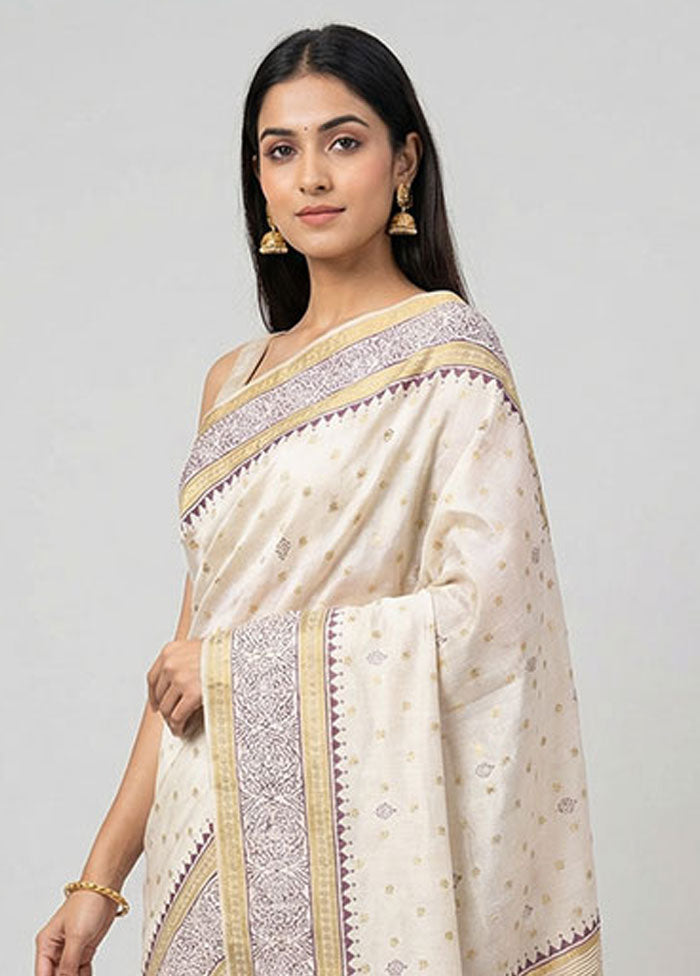 Cream Tussar Silk Saree With Blouse Piece