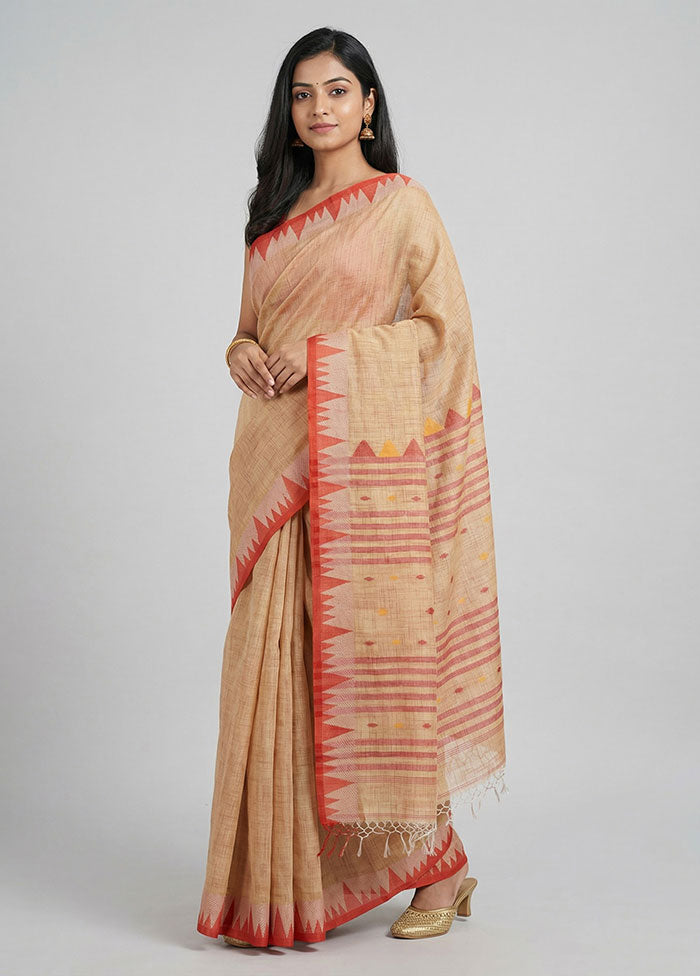 Cream Khadi Cotton Saree With Blouse Piece