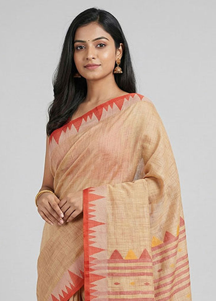 Cream Khadi Cotton Saree With Blouse Piece