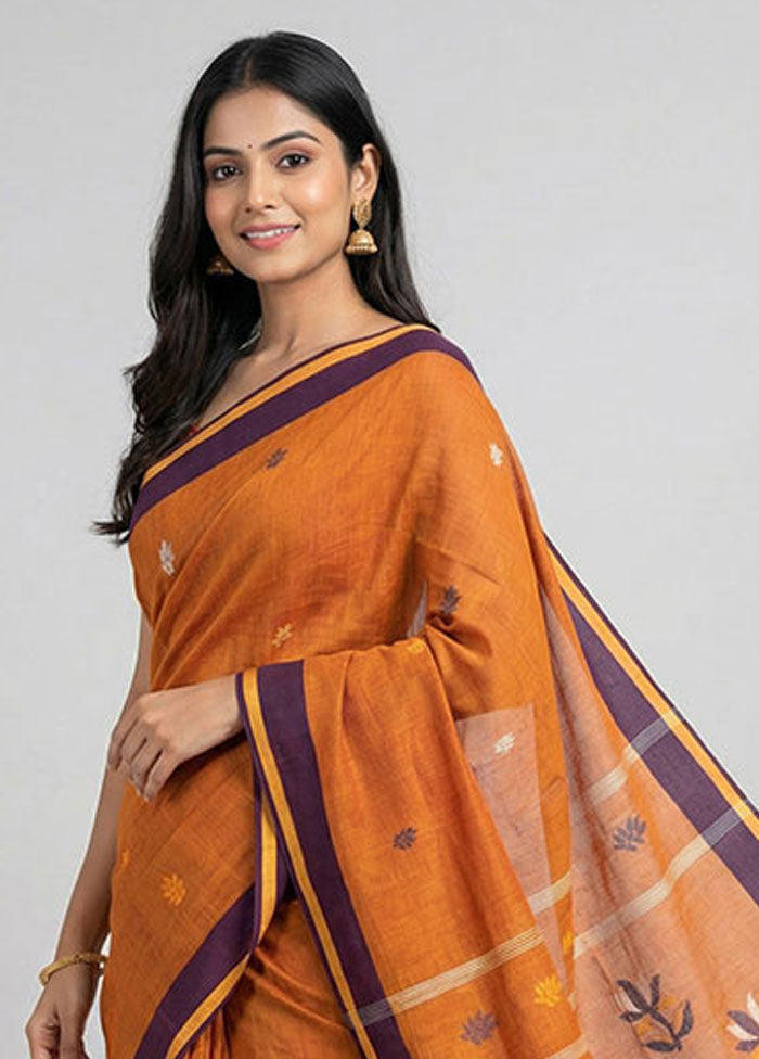 Brown Khadi Cotton Saree With Blouse Piece