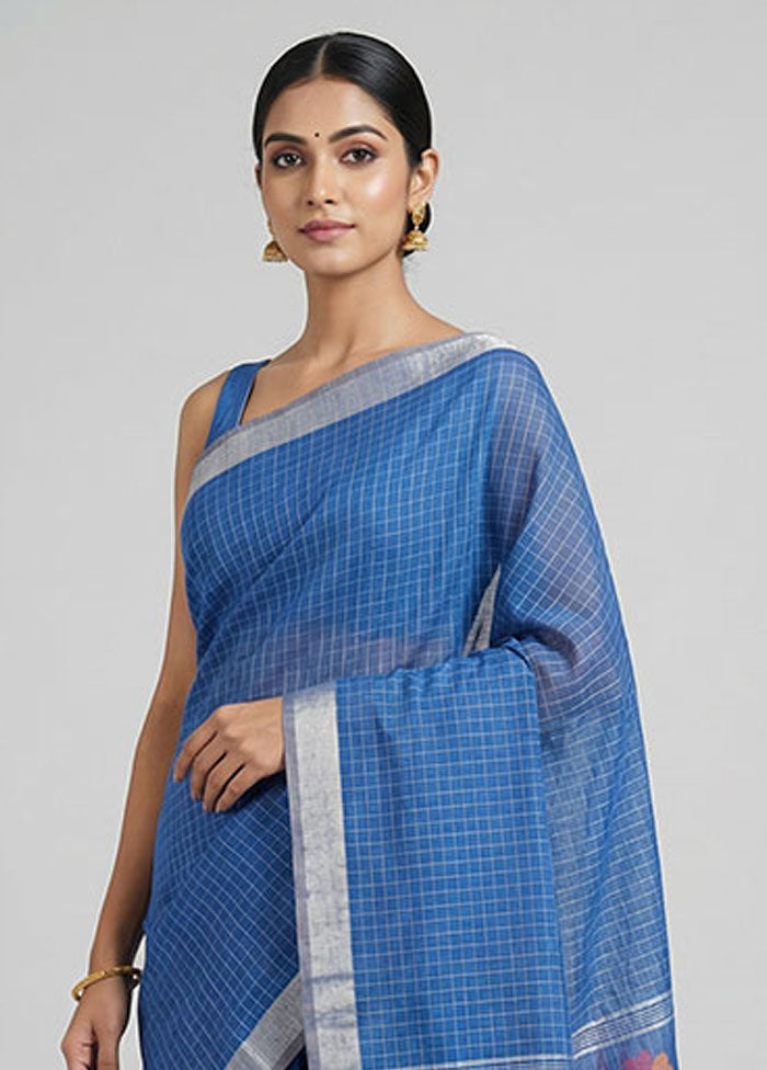 Blue Khadi Cotton Saree With Blouse Piece