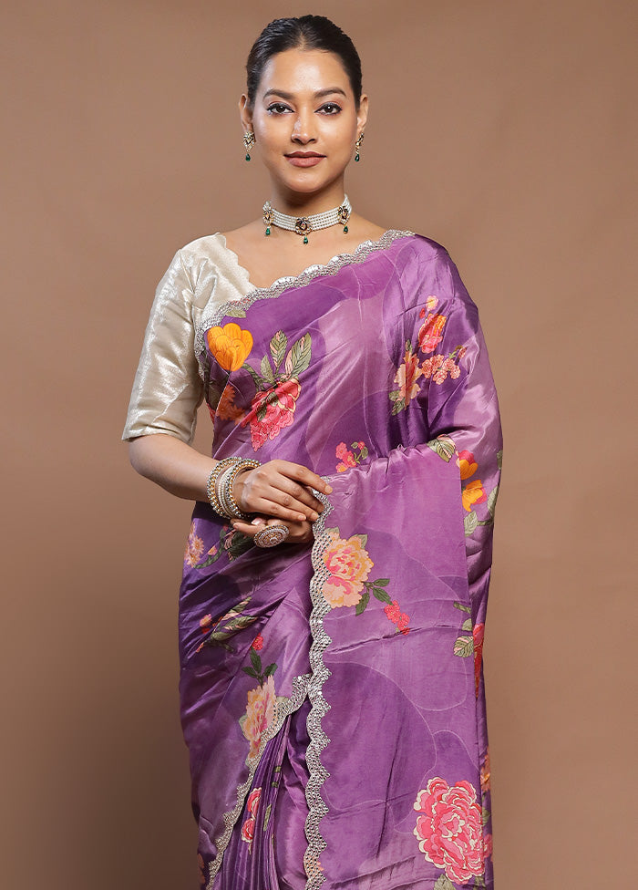 Purple Printed Silk Saree Without Blouse Piece