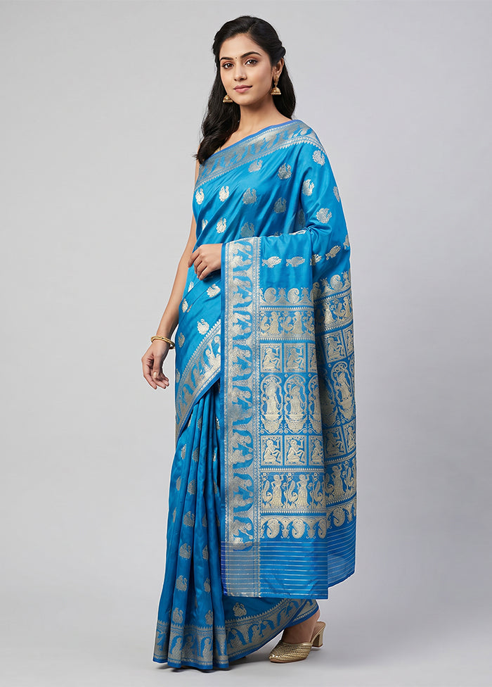Blue Handloom Baluchari Pure Silk Saree With Blouse Piece