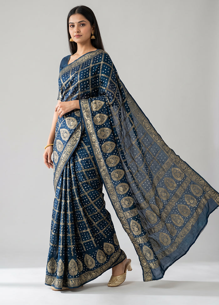 Blue Bandhej Silk Saree With Blouse Piece