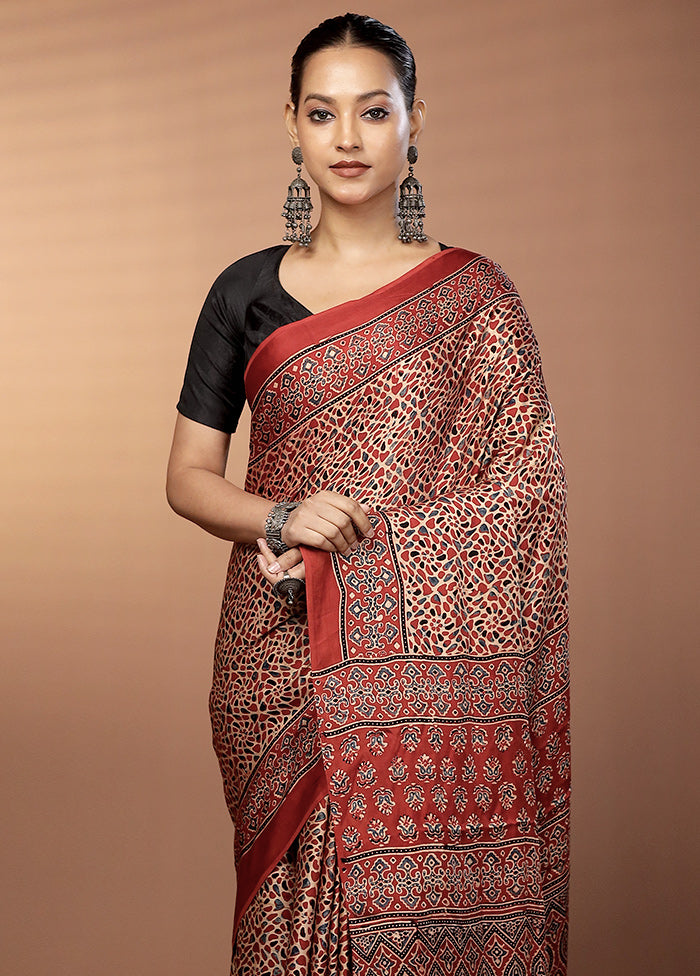Red Printed Pure Silk Saree Without Blouse Piece