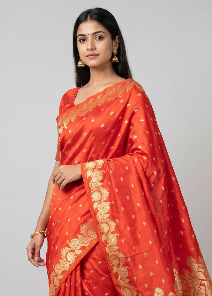 Red Handloom Banarasi Pure Silk Saree With Blouse Piece
