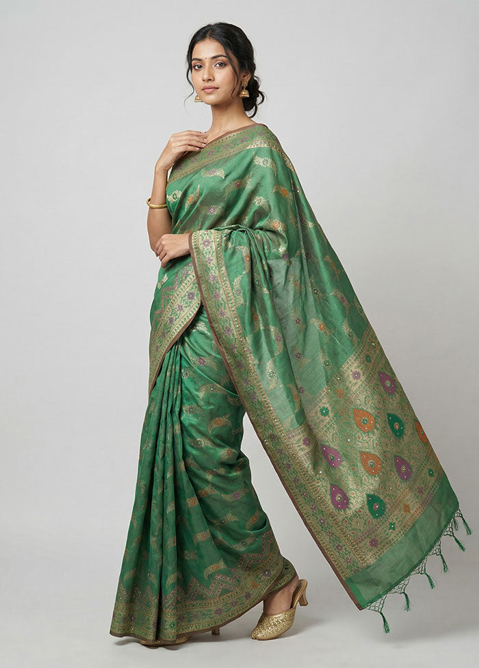 Green Kora Silk Saree With Blouse Piece