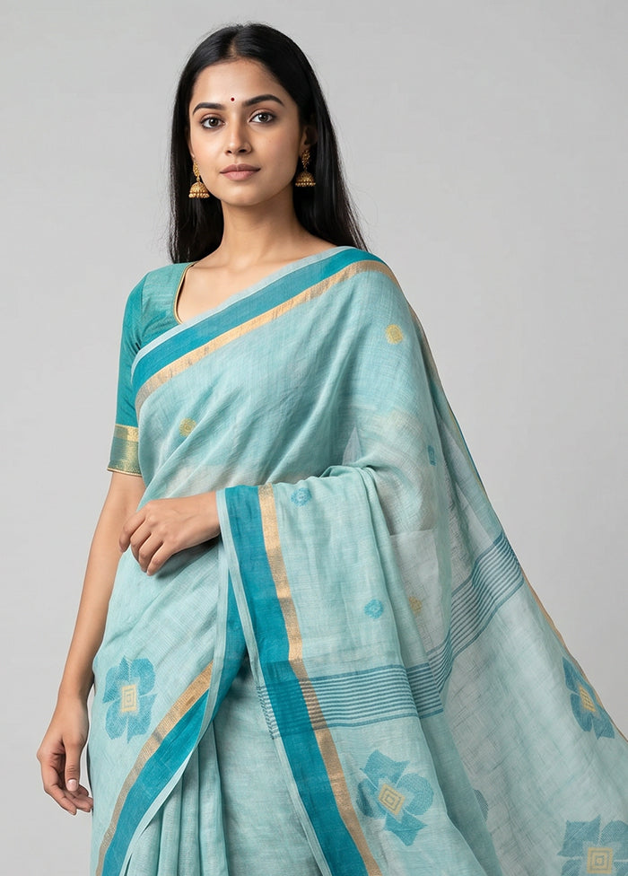 Green Handloom Linen Pure Silk Saree With Blouse Piece