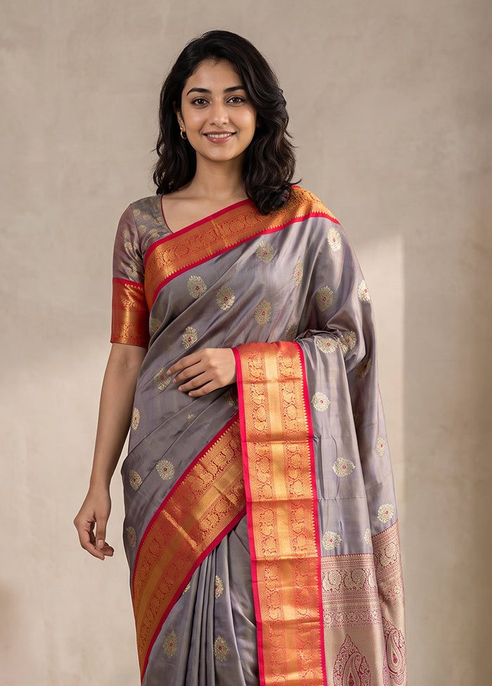 Purple Handloom Kanjivaram Pure Silk Saree With Blouse Piece