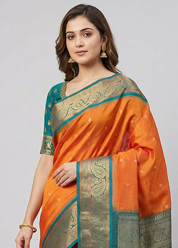 Orange Handloom Kanjivaram Pure Silk Saree With Blouse Piece