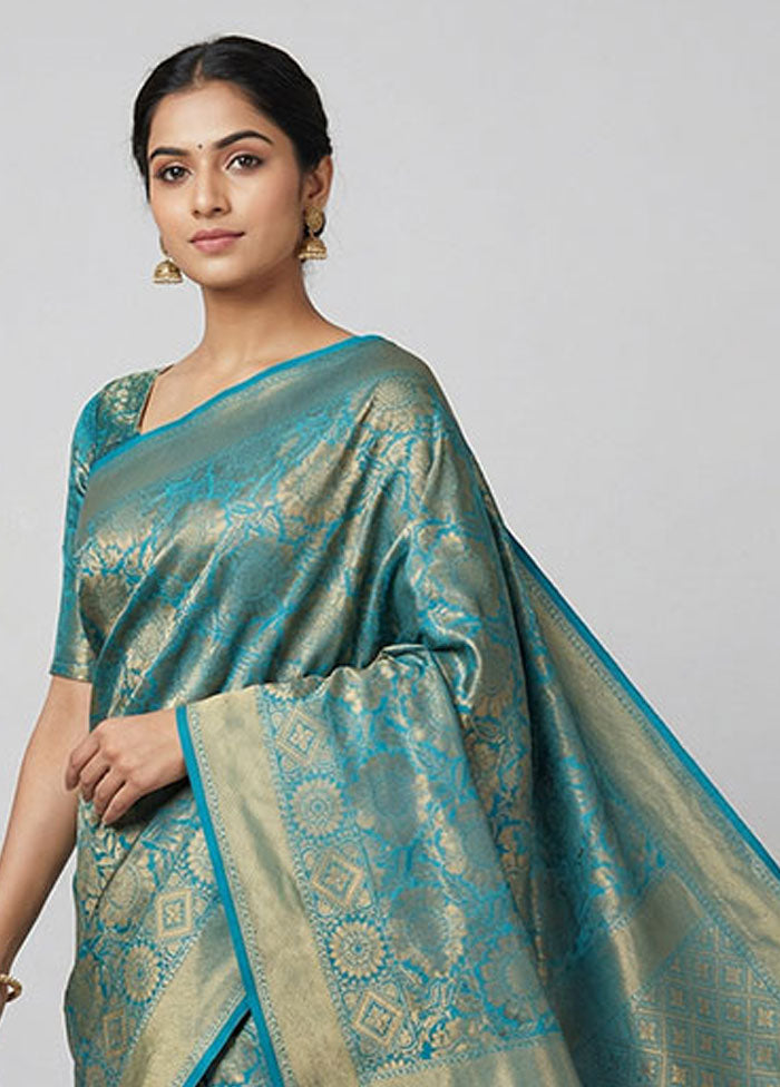 Blue Dupion Silk Saree With Blouse Piece